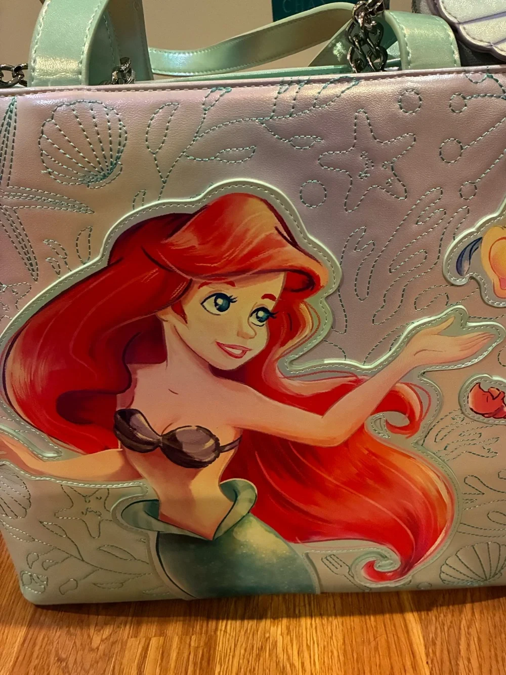 New Loungefly Iridescent Mermaid Ariel Tote in Mint and Red